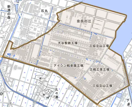 奈呉の江とその周辺の地図。町の範囲を重ねている