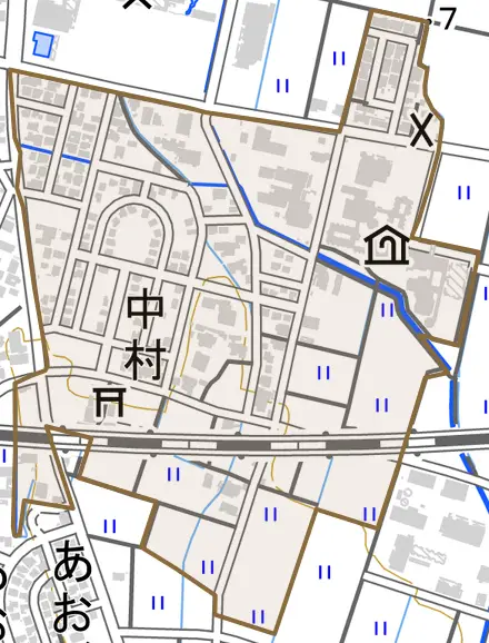 中村とその周辺の地図。町の範囲を重ねている