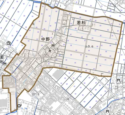 中野とその周辺の地図。町の範囲を重ねている