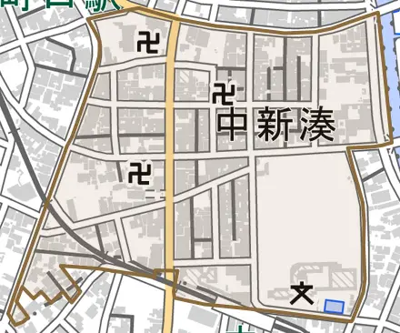 中新湊とその周辺の地図。町の範囲を重ねている