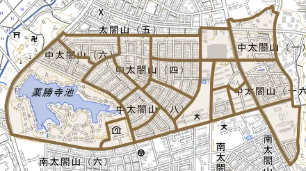 中太閤山とその周辺の地図。町の範囲を重ねている