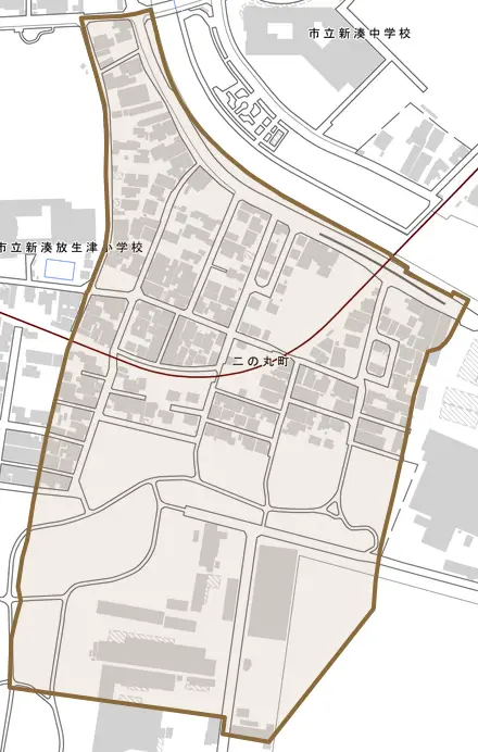 二の丸町とその周辺の地図。町の範囲を重ねている