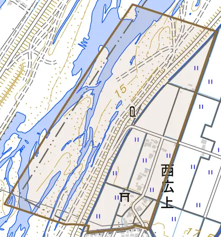 西広上とその周辺の地図。町の範囲を重ねている