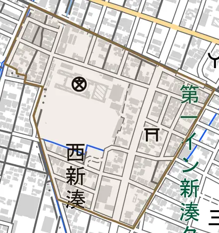 西新湊とその周辺の地図。町の範囲を重ねている