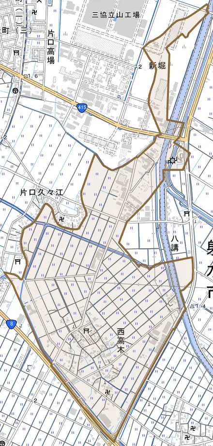 西高木とその周辺の地図。町の範囲を重ねている