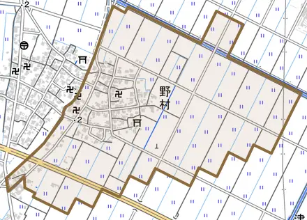 野村とその周辺の地図。町の範囲を重ねている