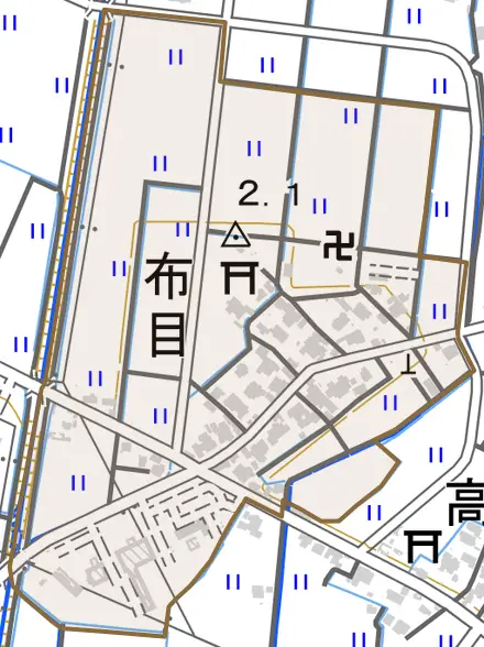 布目とその周辺の地図。町の範囲を重ねている