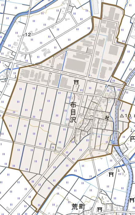 布目沢とその周辺の地図。町の範囲を重ねている