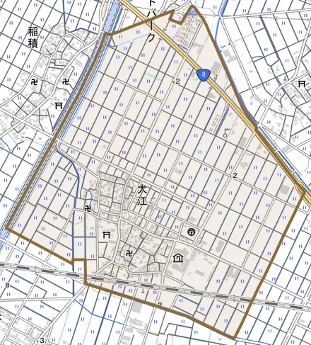 大江とその周辺の地図。町の範囲を重ねている
