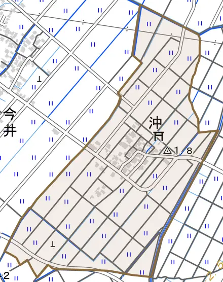 沖とその周辺の地図。町の範囲を重ねている
