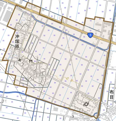 沖塚原とその周辺の地図。町の範囲を重ねている