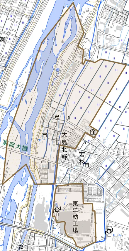 大島北野とその周辺の地図。町の範囲を重ねている
