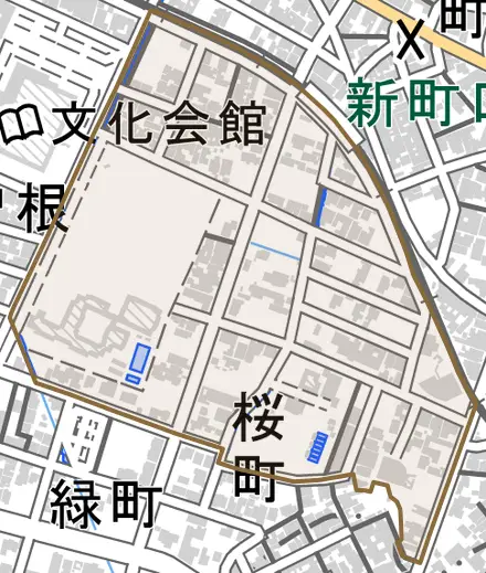 桜町とその周辺の地図。町の範囲を重ねている