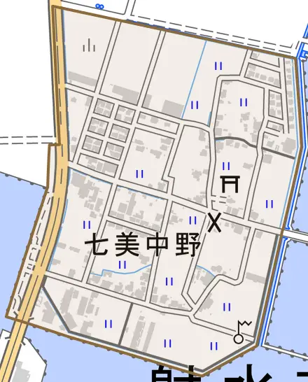 七美中野とその周辺の地図。町の範囲を重ねている