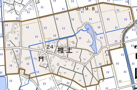 椎土とその周辺の地図。町の範囲を重ねている