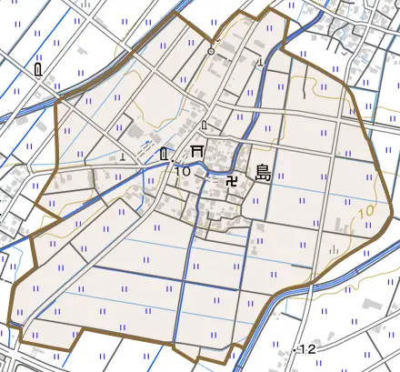 島とその周辺の地図。町の範囲を重ねている