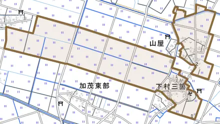 下村三箇とその周辺の地図。町の範囲を重ねている