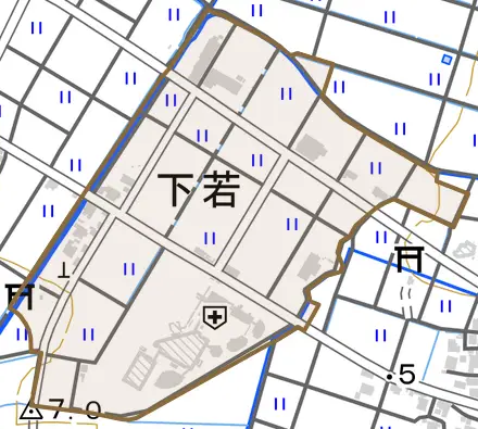 下若とその周辺の地図。町の範囲を重ねている