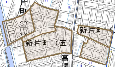 新片町とその周辺の地図。町の範囲を重ねている