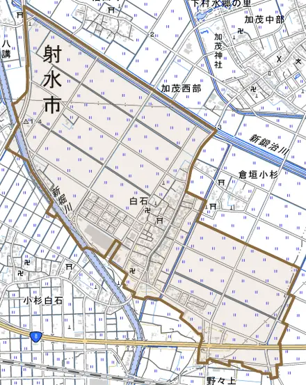白石とその周辺の地図。町の範囲を重ねている
