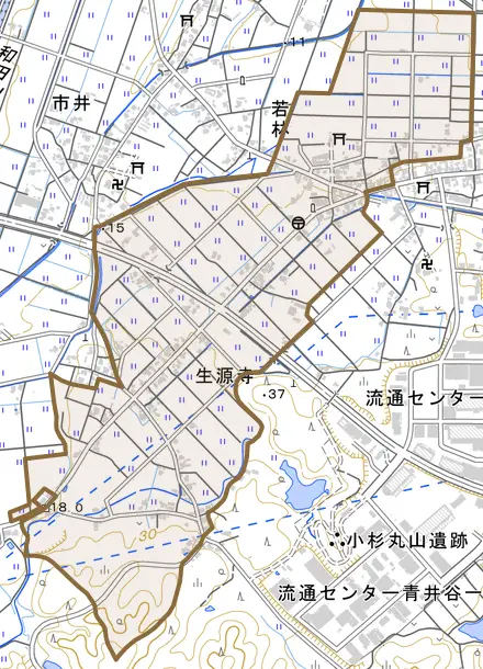 生源寺とその周辺の地図。町の範囲を重ねている