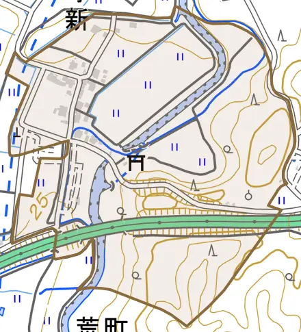 生源寺新とその周辺の地図。町の範囲を重ねている