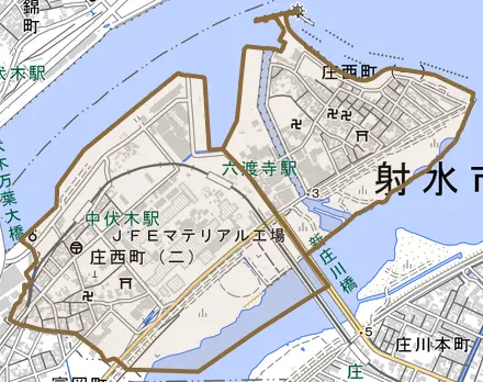 庄西町とその周辺の地図。町の範囲を重ねている