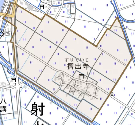 摺出寺とその周辺の地図。町の範囲を重ねている