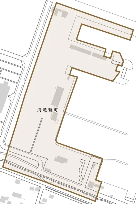 海竜新町とその周辺の地図。町の範囲を重ねている