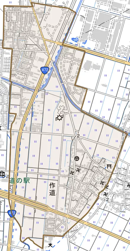 作道とその周辺の地図。町の範囲を重ねている