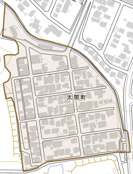 太閤町とその周辺の地図。町の範囲を重ねている