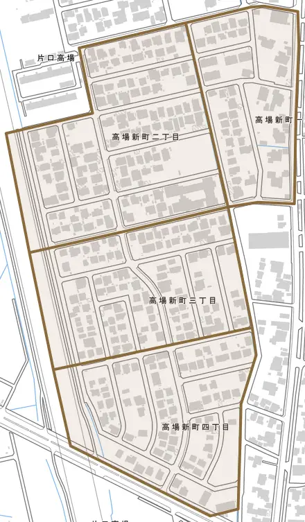 高場新町とその周辺の地図。町の範囲を重ねている