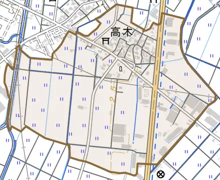高木とその周辺の地図。町の範囲を重ねている