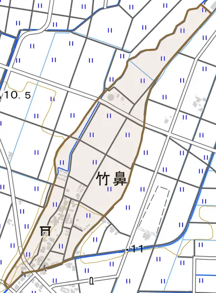 竹鼻とその周辺の地図。町の範囲を重ねている