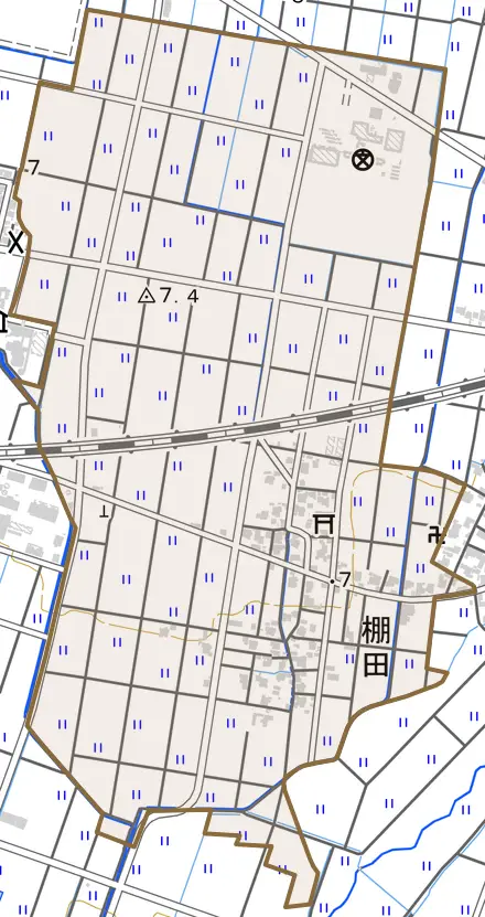 棚田とその周辺の地図。町の範囲を重ねている