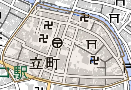立町とその周辺の地図。町の範囲を重ねている