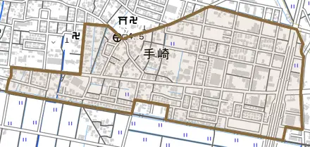手崎とその周辺の地図。町の範囲を重ねている