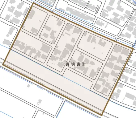東明東町とその周辺の地図。町の範囲を重ねている