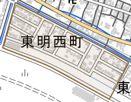 東明西町とその周辺の地図。町の範囲を重ねている