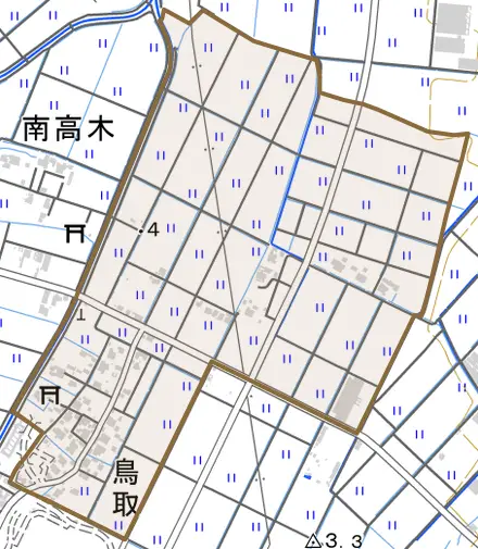 鳥取とその周辺の地図。町の範囲を重ねている