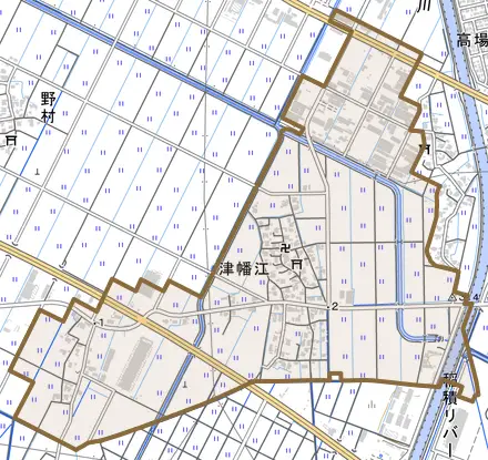 津幡江とその周辺の地図。町の範囲を重ねている