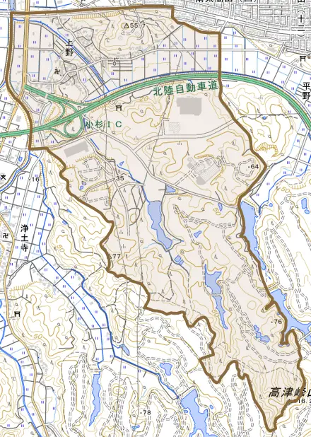 上野とその周辺の地図。町の範囲を重ねている