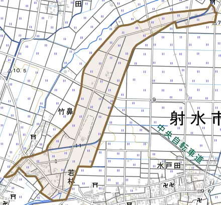 若林とその周辺の地図。町の範囲を重ねている