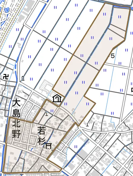 若杉とその周辺の地図。町の範囲を重ねている