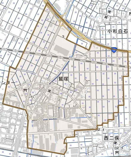 鷲塚とその周辺の地図。町の範囲を重ねている