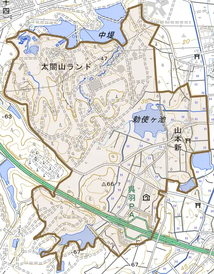 山本新とその周辺の地図。町の範囲を重ねている