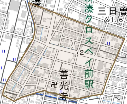 善光寺とその周辺の地図。町の範囲を重ねている