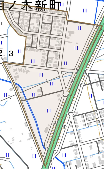相ノ木新町とその周辺の地図。町の範囲を重ねている