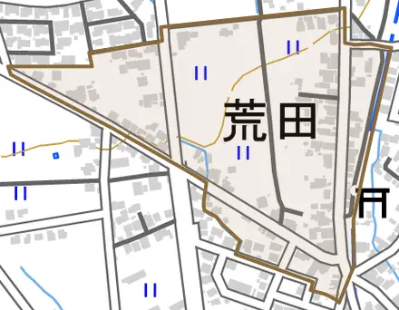 荒田とその周辺の地図。町の範囲を重ねている