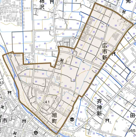 旭町とその周辺の地図。町の範囲を重ねている